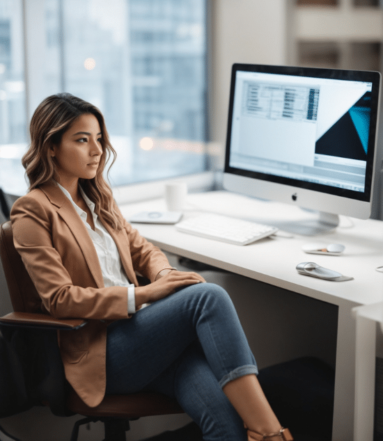 An industrious woman sitting at a desk, diligently working at KnewChoice, an SEO marketing agency.