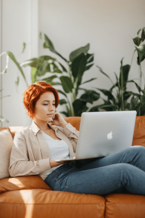 A woman with red hair sitting on a couch, using a laptop to work on a marketing campaign for the KnewChoice SEM agency.