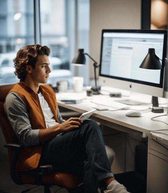 A KnewChoice performance analytics strategist working at his desk with a computer and a tablet, preparing a performance analytics report.