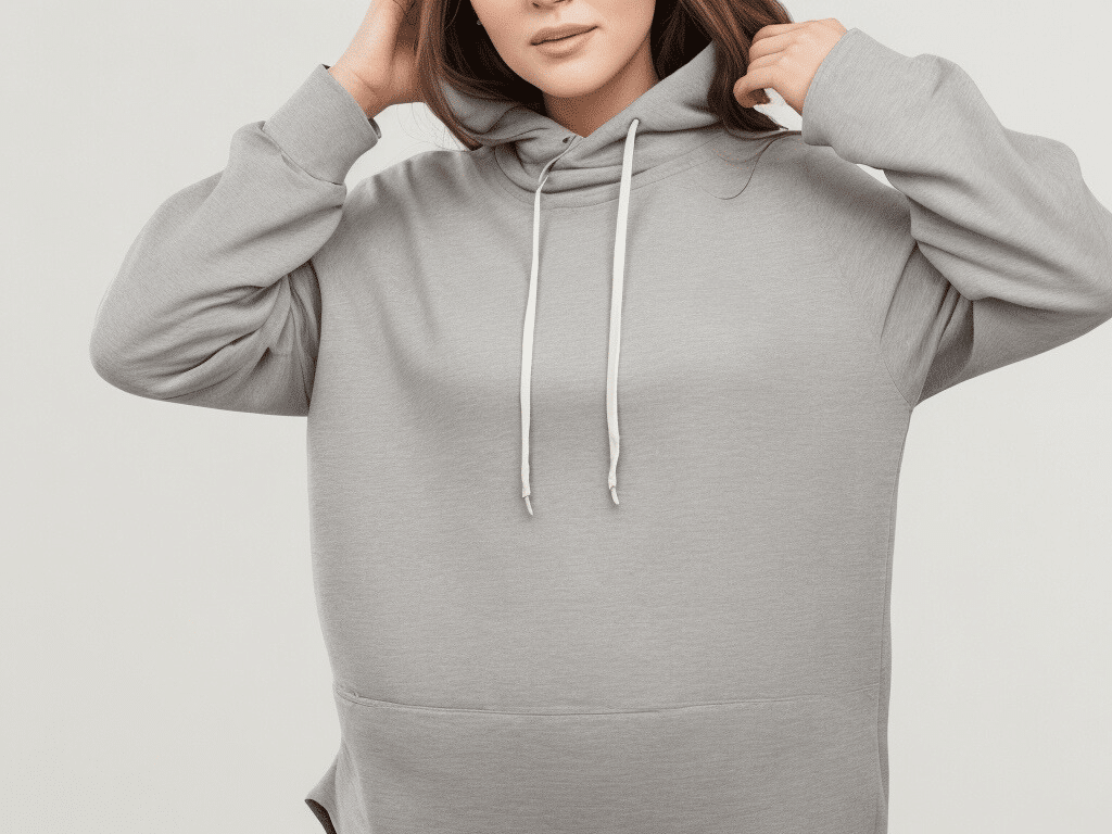 Woman with light brown hair wearing her partners light gray sweatshirt