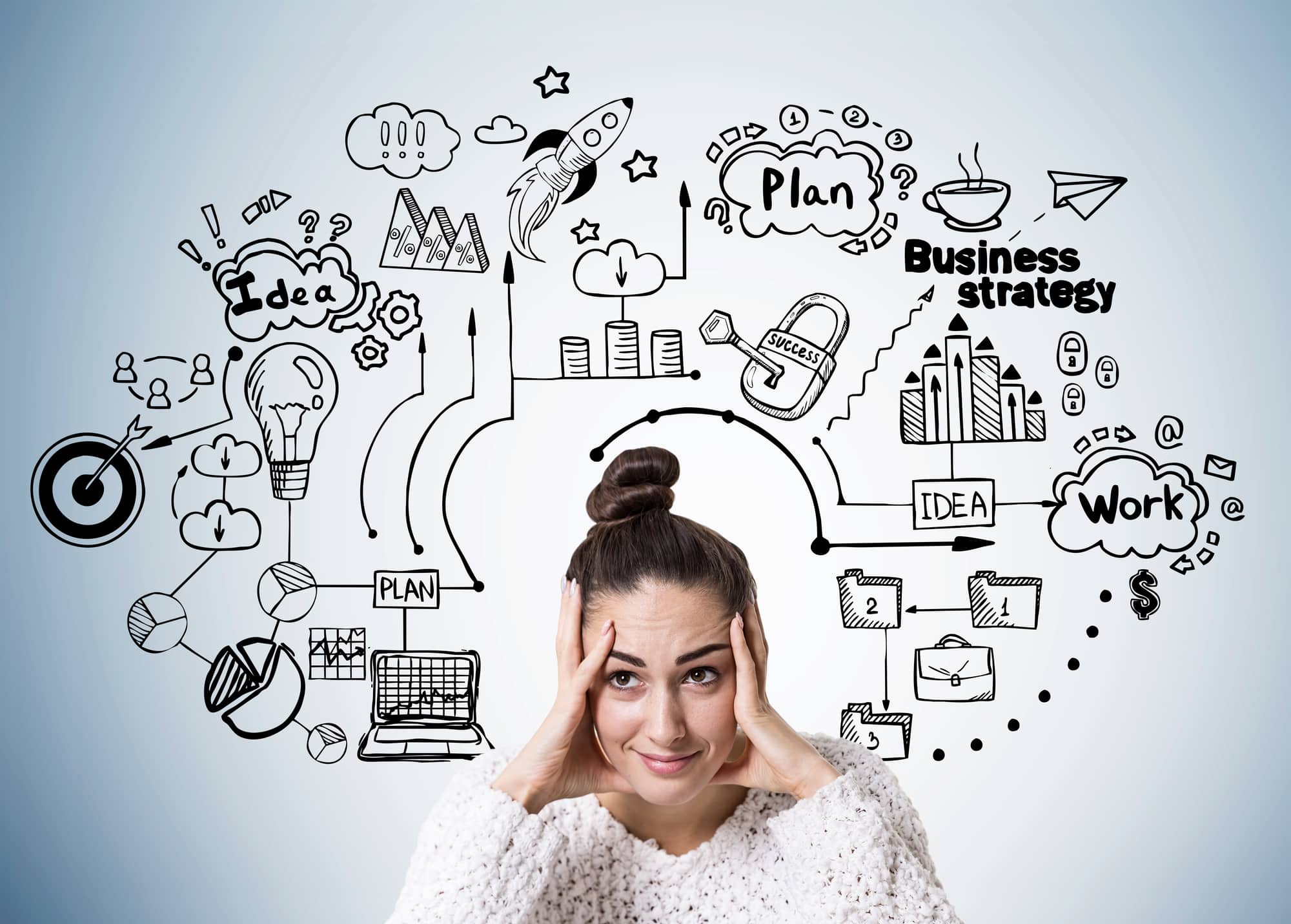 A stressed young woman holds her head while SMART goal ideas swirl around her head.